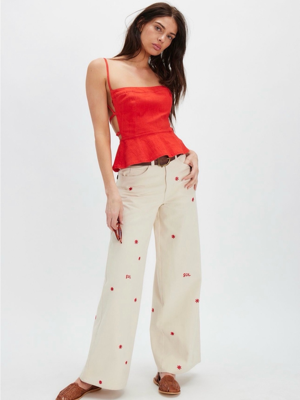 Free People Thinking Mu Sol Chain Hedda Jeans Wide Leg Embroidered Motifs Ivory
